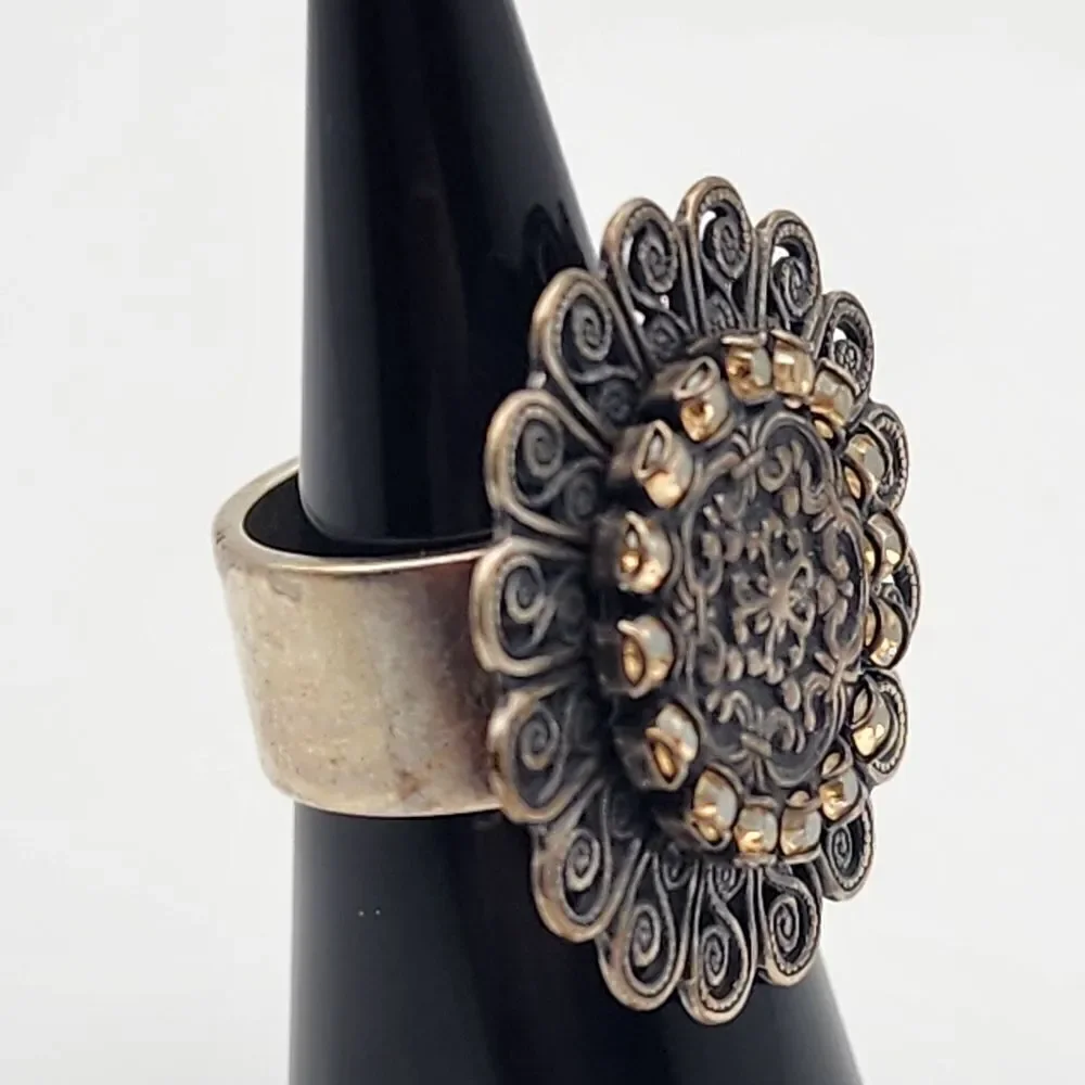 Liz Palacios bronze tone, silver tone, and orange crystal ring (6)